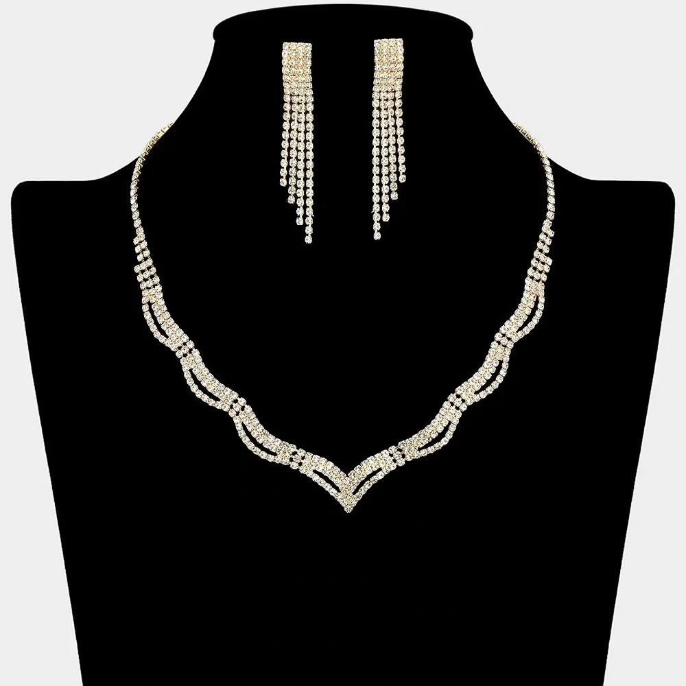 Elegant Gold Rhinestone Necklace and Earring Set